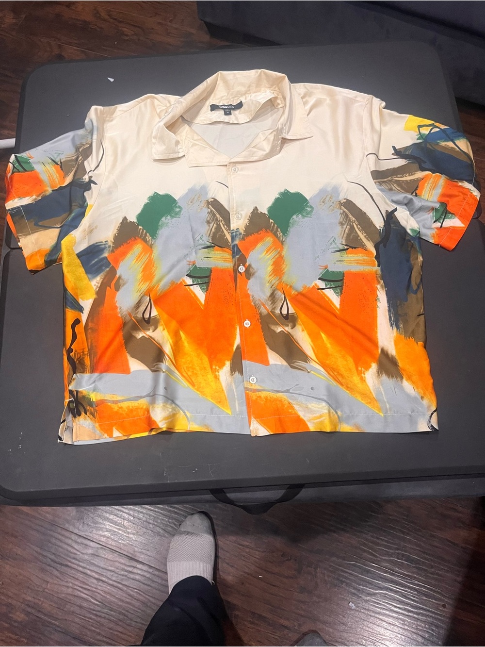 Abstract Brushstroke Short Sleeve Button-Up Shirt in Cream, Orange, Green